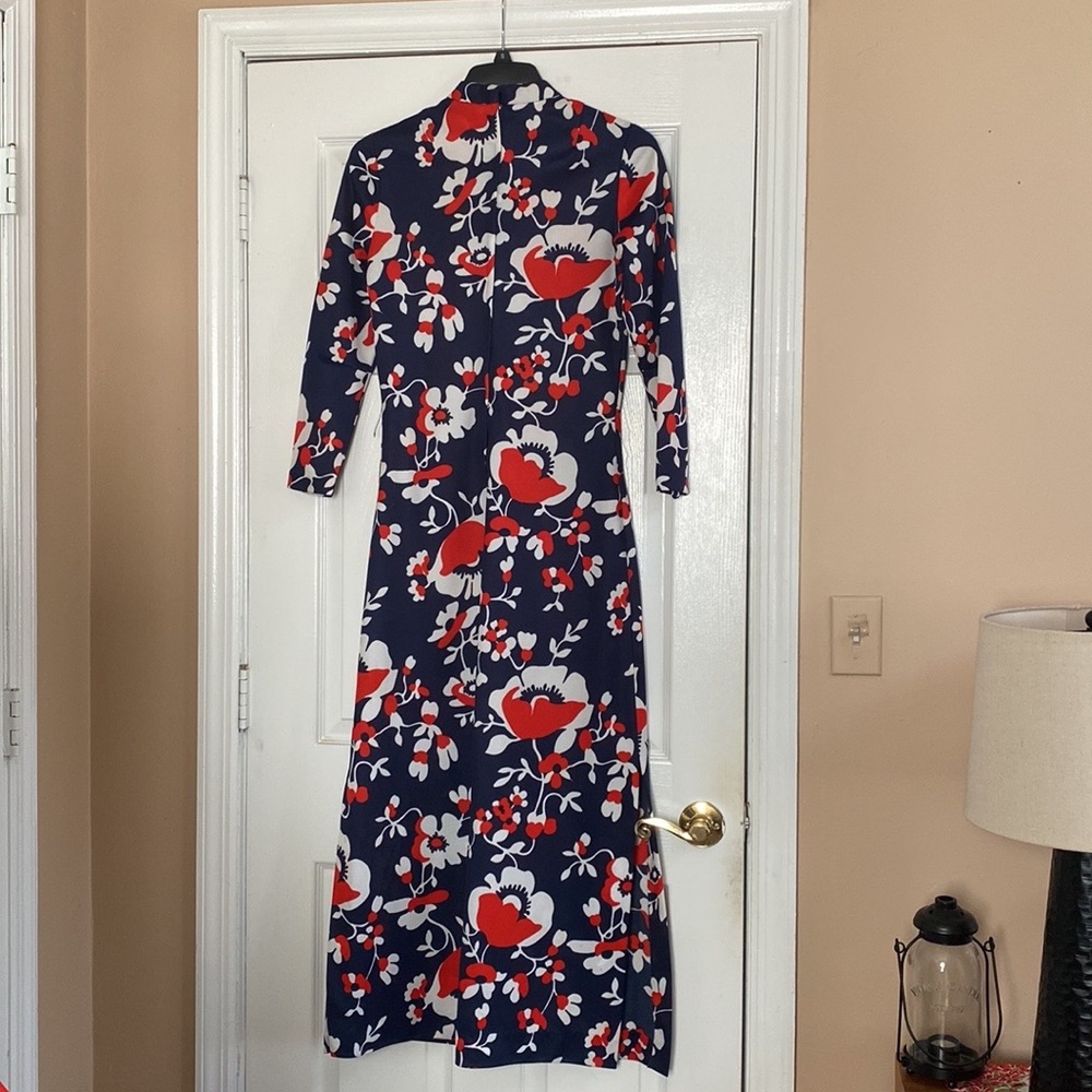 VTG 60’s Red White Navy Blue Floral Print Hawaiian Maxi Dress - Picture 4 of 16